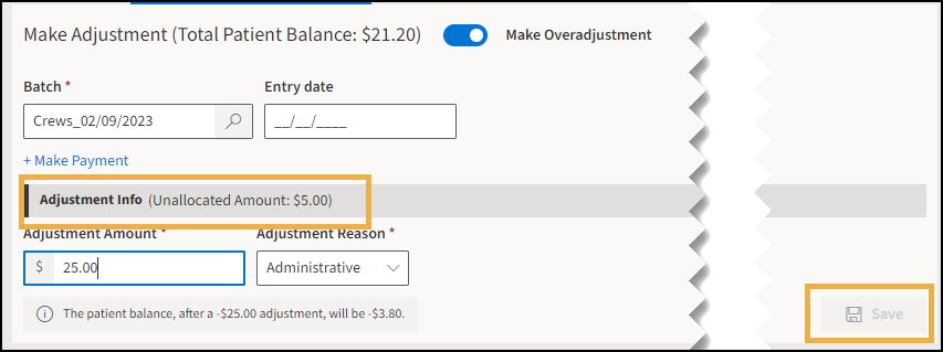 Adjustment view with yellow boxes around the unallocated amount and the greyed out Save button.